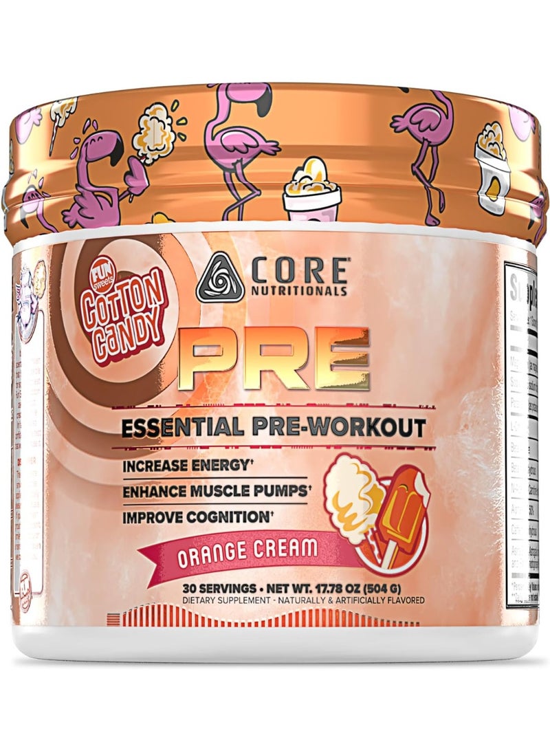 كور نيوتريشنالز بري إسينشال قبل التمرين من Core Nutritionals بنكهة أورانج كريم 504جم – 30 حصة لدعم الطاقة والأداء الرياضي - Image 1