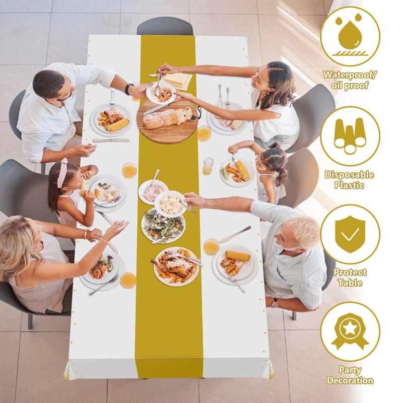 OHOME 4 Pack Disposable Plastic Table Cloths for Parties,White and Gold Rectangle Table Covers for Fall Decor Wedding Bridal Shower Birthday | Baptism First Communion Decorations 54" x 108" - Image 3