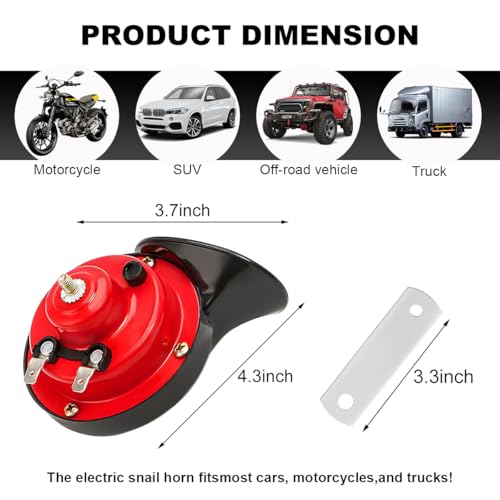 KVAEY Super Loud Car Snail Horns 12V 300DB Durable Car Horn Kit High Low Tone Universal Waterproof Car Air Electric Snail Horn Vehicle Air Horn Replacement for Motorcycle Truck Red 1 PCS - Image 3