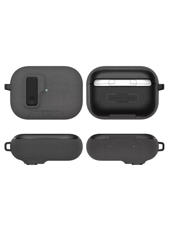 DKNG Compatible with AirPods Pro 3 case, features include a stand, magnetic closure design, and shockproof lock. The AirPods Pro 3 case supports wireless charging and comes with a carabiner. Plush gray color. - Image 2