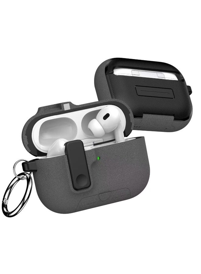DKNG Compatible with AirPods Pro 3 case, features include a stand, magnetic closure design, and shockproof lock. The AirPods Pro 3 case supports wireless charging and comes with a carabiner. Plush gray color. - Image 4