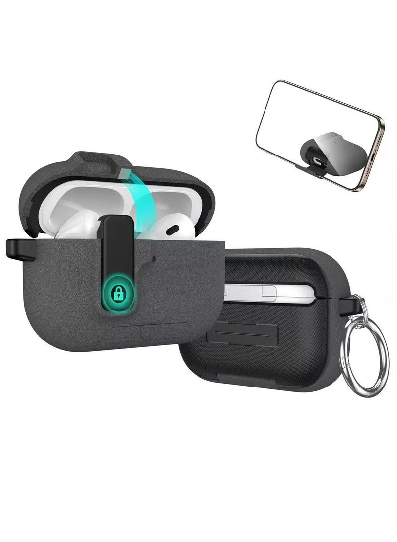 DKNG Compatible with AirPods Pro 3 case, features include a stand, magnetic closure design, and shockproof lock. The AirPods Pro 3 case supports wireless charging and comes with a carabiner. Plush gray color. - Image 1