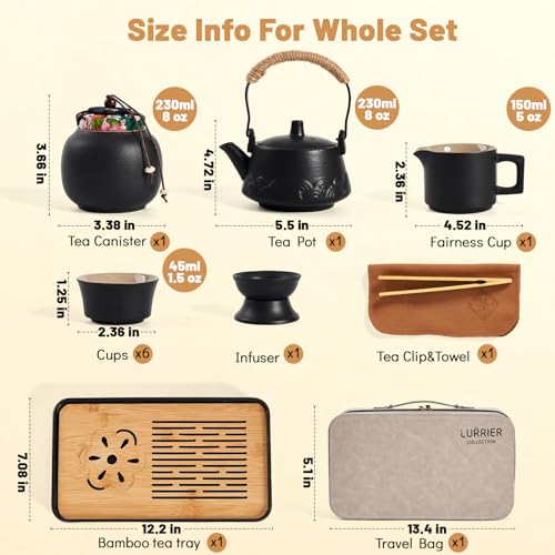 LURRIER Gongfu tea sets, Portable Ceramic TeaSet, Asian Tea sets for adult, Tea Gift sets, Grey leather case, Portable Travel Bag,Home,Gifting,Outdoor and Office(Black) - Image 2