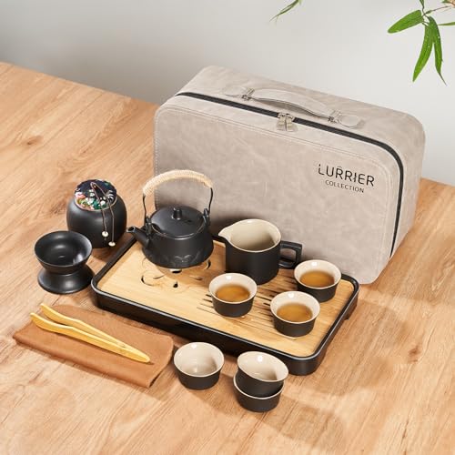 LURRIER Gongfu tea sets, Portable Ceramic TeaSet, Asian Tea sets for adult, Tea Gift sets, Grey leather case, Portable Travel Bag,Home,Gifting,Outdoor and Office(Black) - Image 4