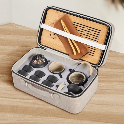 LURRIER Gongfu tea sets, Portable Ceramic TeaSet, Asian Tea sets for adult, Tea Gift sets, Grey leather case, Portable Travel Bag,Home,Gifting,Outdoor and Office(Black) - Image 3