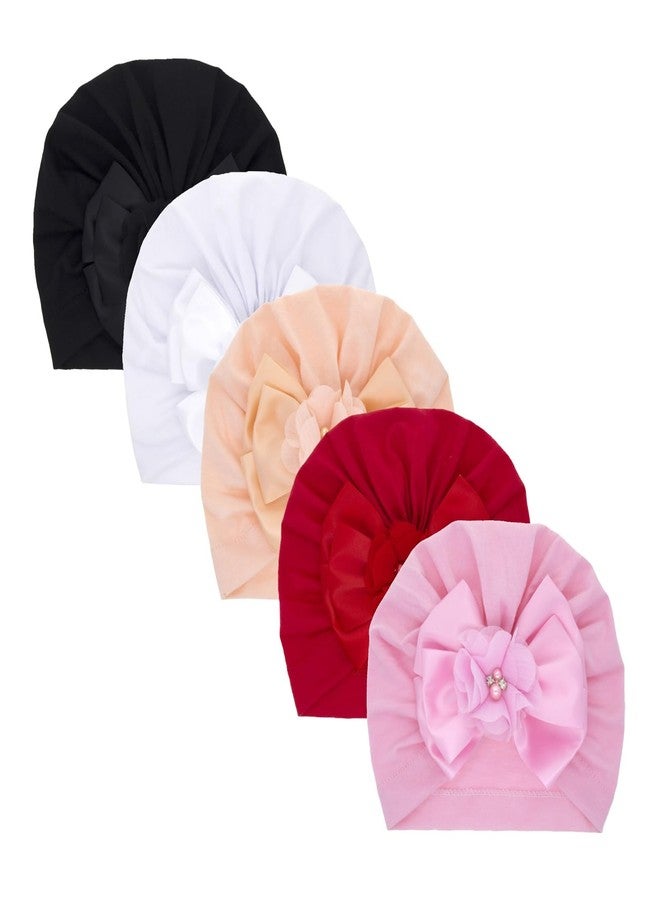 Nishine 5 Pack Baby Turban Beanies Hat Newborn Bow Cap Hats Toddler Skull Beanie Bowknot Cap Headwear (Flower Bow-5pcs) - Image 1