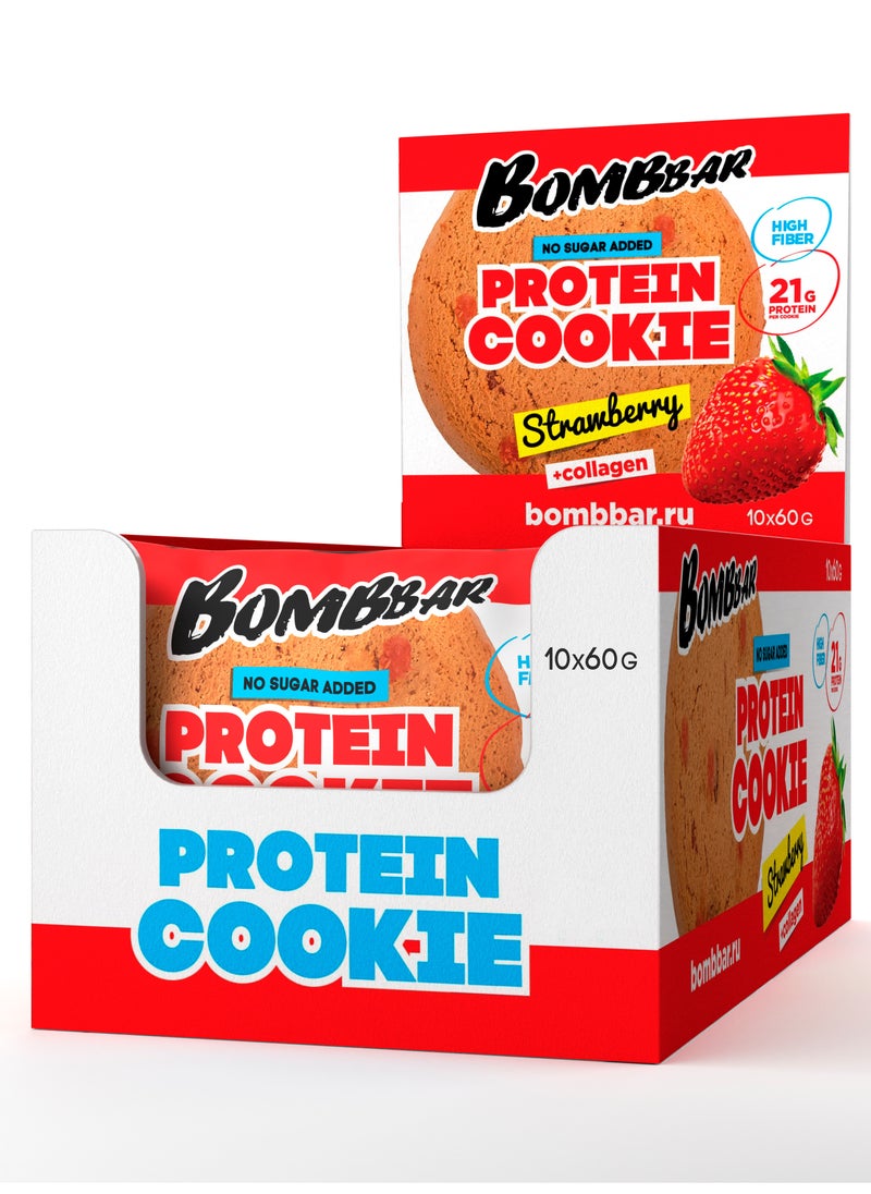 BOMBBAR Collagen Protein Cookie with Strawberry High Fiber and No Sugar Added 10x60g  - Image 1