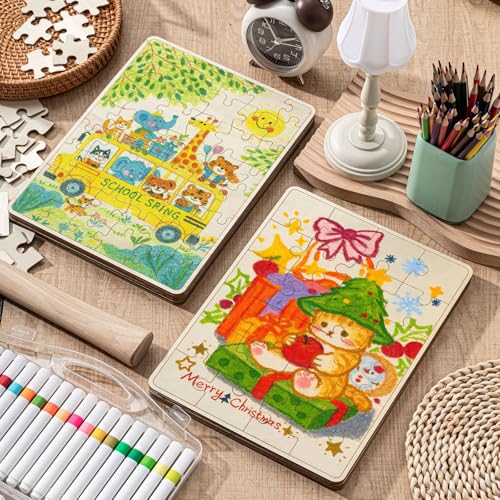 Seenelling 12 Pack Blank Wooden Puzzles to Draw on 88 x 118 Inch 48 Pieces and 24 Pieces Blank Wooden Puzzles for DIY Activities Arts and Crafts or Party Favors - Image 5
