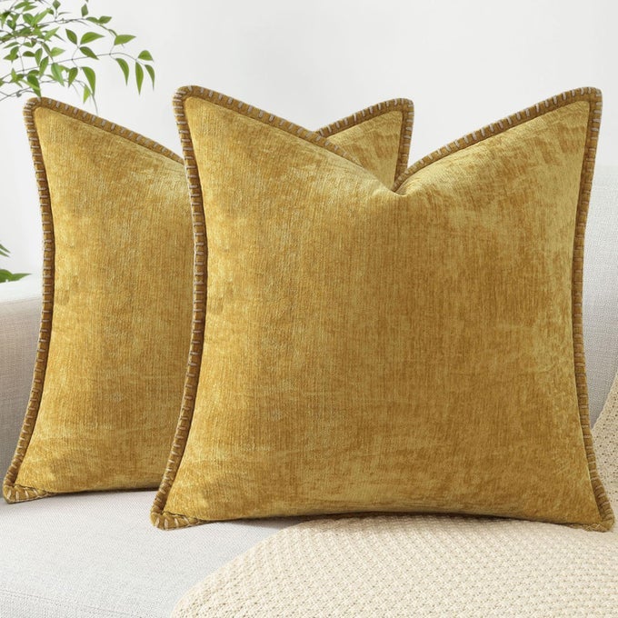 CHENILLE SOFT THROW PILLOW COVERS 16X16 SET OF 2 FARMHOUSE VELVET NEUTRAL DECORATIVE PILLOW COVERS WITH STITCHED EDGE FOR COUCH SOFA BED HOME DECOR MINERAL YELLOW
