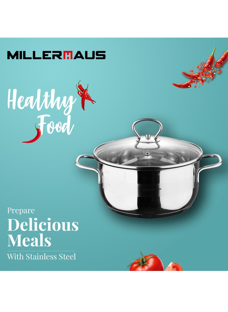 MILLERHAUS Millerhaus Casserole Ø20X10Cm S/S Induction With Glass Lid, Casserole With Lid - Stainless Steel - Ø20X10Cm  - Induction - Shiny And Matt - Straight Shape - Measuring Scale - Welded Wire Handle And Knob , Exceptional Durability and Strength Stainless steel body with Glass Lid  - Image 2