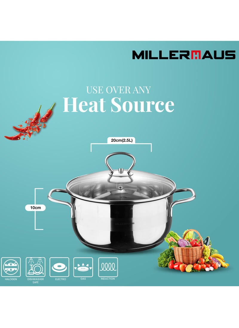 MILLERHAUS Millerhaus Casserole Ø20X10Cm S/S Induction With Glass Lid, Casserole With Lid - Stainless Steel - Ø20X10Cm  - Induction - Shiny And Matt - Straight Shape - Measuring Scale - Welded Wire Handle And Knob , Exceptional Durability and Strength Stainless steel body with Glass Lid  - Image 4