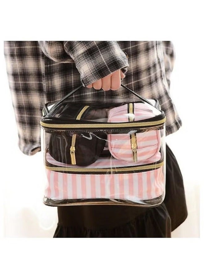 4-قطعة حقائب التجميل مجموعة واضحة / أسود / وردي - Image 3