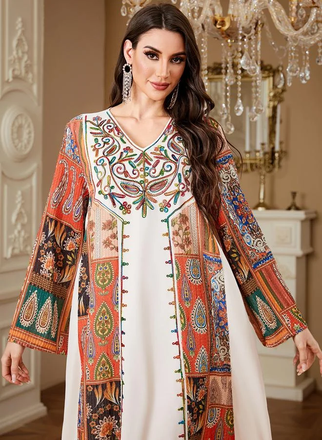 تايك تو Beige V-Neck Embroidered Maxi Jalabiya