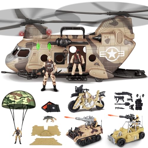 deAO Military Helicopter Toys Set Army Men Playset Army Toys with Soldier Action Figures Combat Truck Motorcycle Army Tank Aircraft with LightsSound Christmas Birthday Gifts for Kids Boys - Image 1