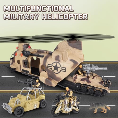 deAO Military Helicopter Toys Set Army Men Playset Army Toys with Soldier Action Figures Combat Truck Motorcycle Army Tank Aircraft with LightsSound Christmas Birthday Gifts for Kids Boys - Image 5