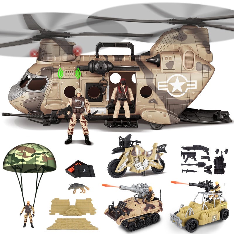 deAO Military Helicopter Toys Set Army Men Playset Army Toys with Soldier Action Figures Combat Truck Motorcycle Army Tank Aircraft with LightsSound Christmas Birthday Gifts for Kids Boys - Image 3
