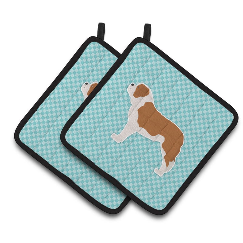 Caroline's Treasures ""Caroline's Treasures Saint Bernard Checkerboard Blue Pair of Pot Holders BB3776PTHD  7.5HX7.5W  Multicolor"" 