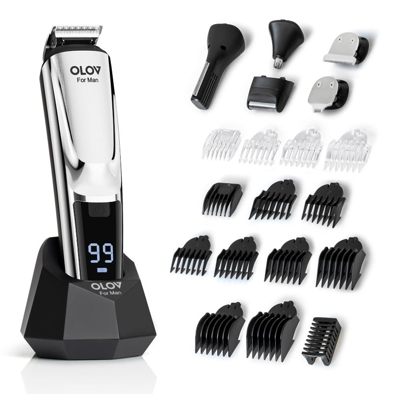 OLOV For Man مقلم لحية، مجموعة أدوات العناية بالرجال 21 قطعة لتقليم اللحية والشوارب، ماكينة حلاقة كهربائية، مقلم شعر الأنف، مقصات شعر لاسلكية، مقاوم للماء، فضي - Image 1