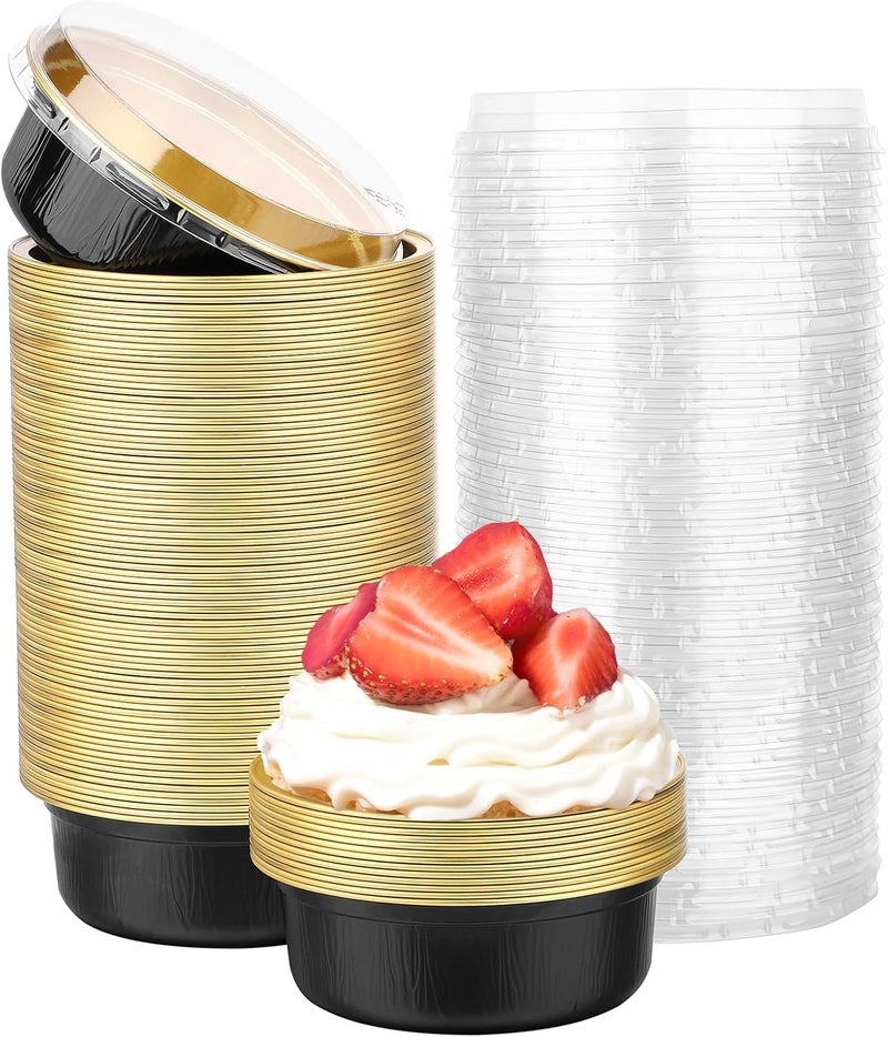Beasea Disposable Ramekins with Lids, 100 Pack 8.8oz 260ml 4 Inch Round Aluminum Foil Cups Disposable Cupcake Pudding Mini Baking Cups for Party - Black Gold - Image 1