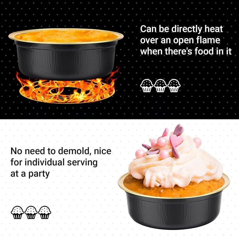 Beasea Disposable Ramekins with Lids, 100 Pack 8.8oz 260ml 4 Inch Round Aluminum Foil Cups Disposable Cupcake Pudding Mini Baking Cups for Party - Black Gold - Image 4
