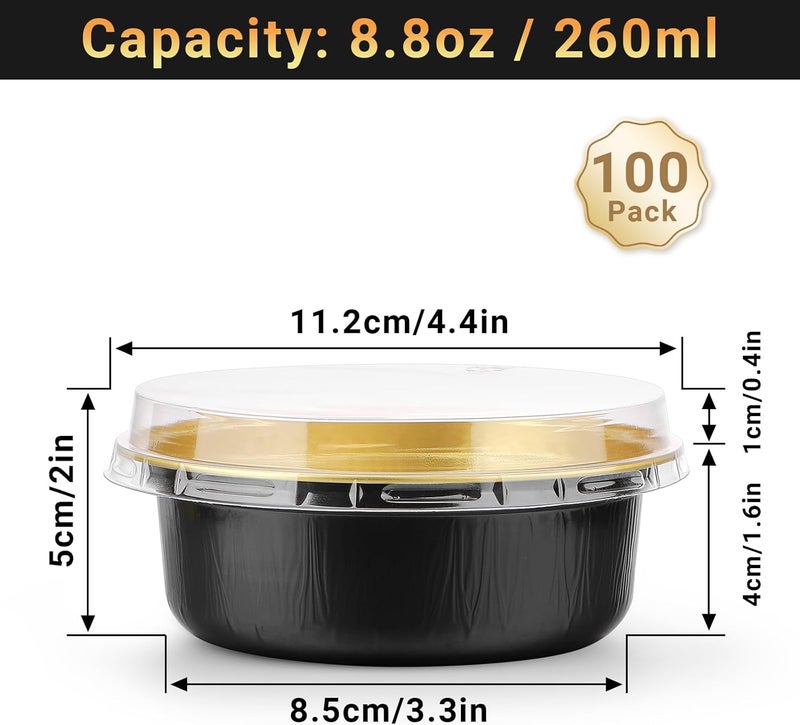 Beasea Disposable Ramekins with Lids, 100 Pack 8.8oz 260ml 4 Inch Round Aluminum Foil Cups Disposable Cupcake Pudding Mini Baking Cups for Party - Black Gold - Image 2