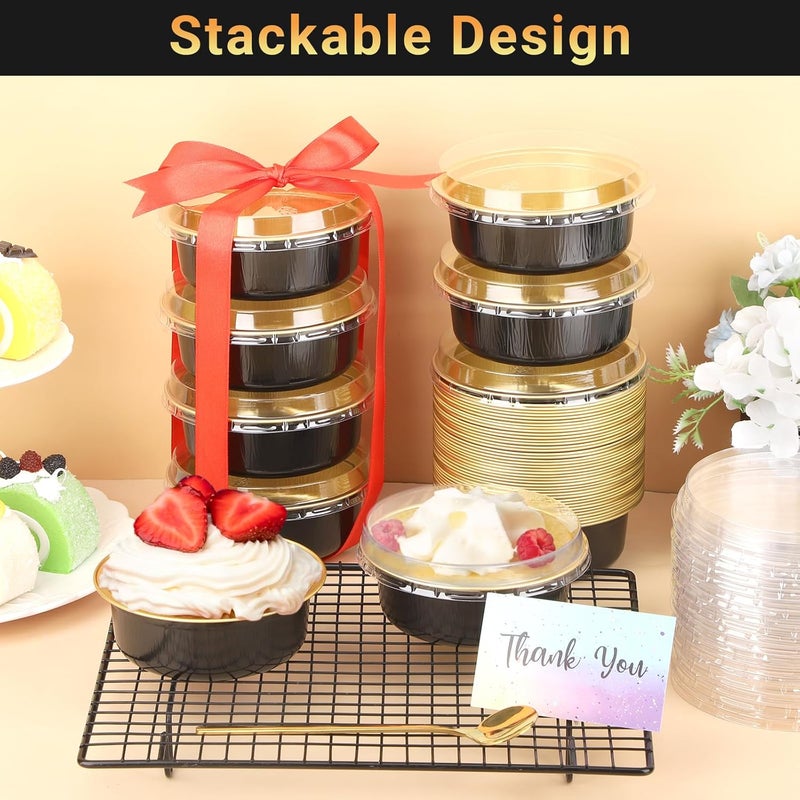 Beasea Disposable Ramekins with Lids, 100 Pack 8.8oz 260ml 4 Inch Round Aluminum Foil Cups Disposable Cupcake Pudding Mini Baking Cups for Party - Black Gold - Image 5
