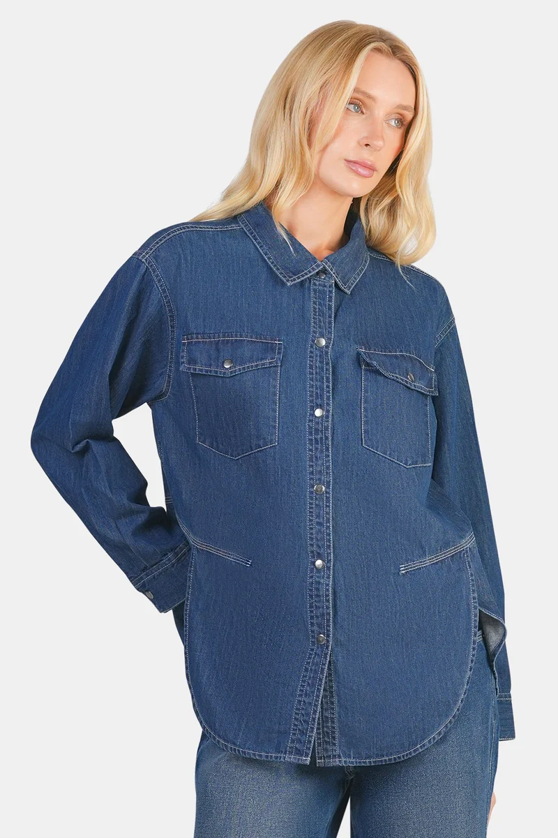فيرجيو Solid Cotton Denim Oversizedshirt for Women