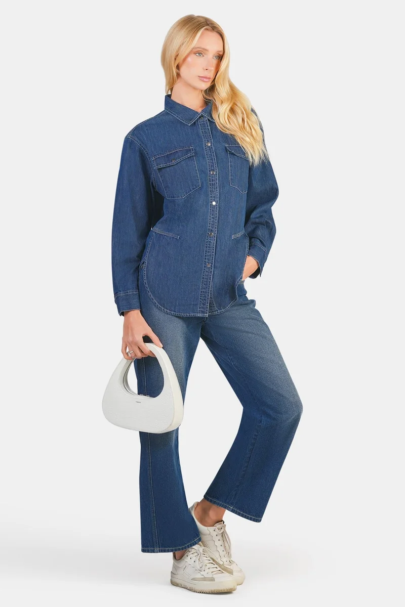 فيرجيو Solid Cotton Denim Oversizedshirt for Women