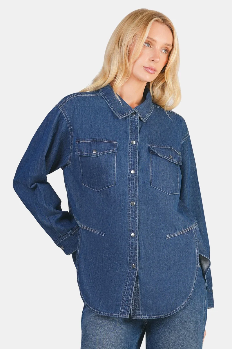 فيرجيو Solid Cotton Denim Oversizedshirt for Women