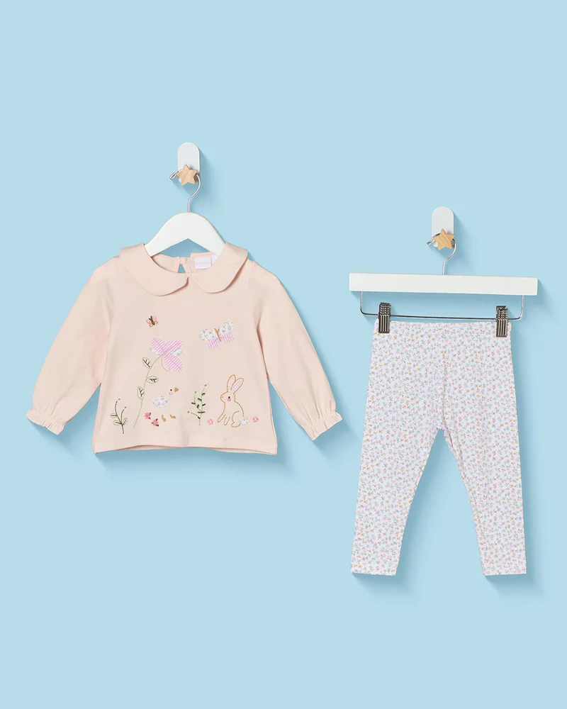Redtag Infant Girls Pink Collared Top And All Over Print Leggings Set