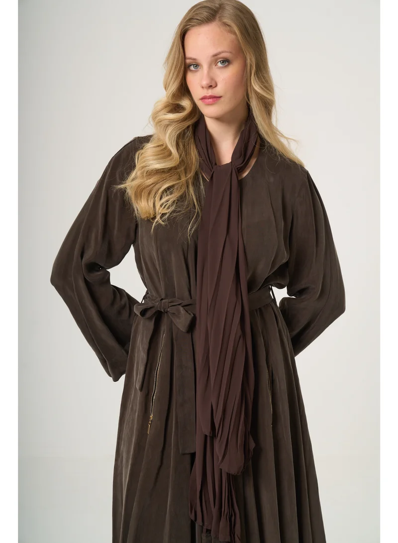 MissWhence  Women's Brown Belted Flowing Abaya with Matching Scarf for Women | Best Price UAE