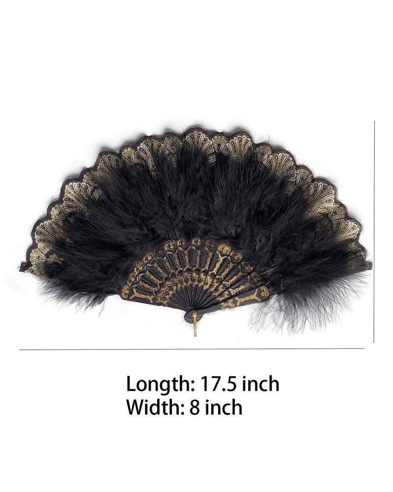 HAPPY FEATHER مروحة ريش مارابو مطرزة بالريش السعيد 1920S، مروحة يدوية بتصميم عتيق لحفلات الرقص - أسود - Image 2