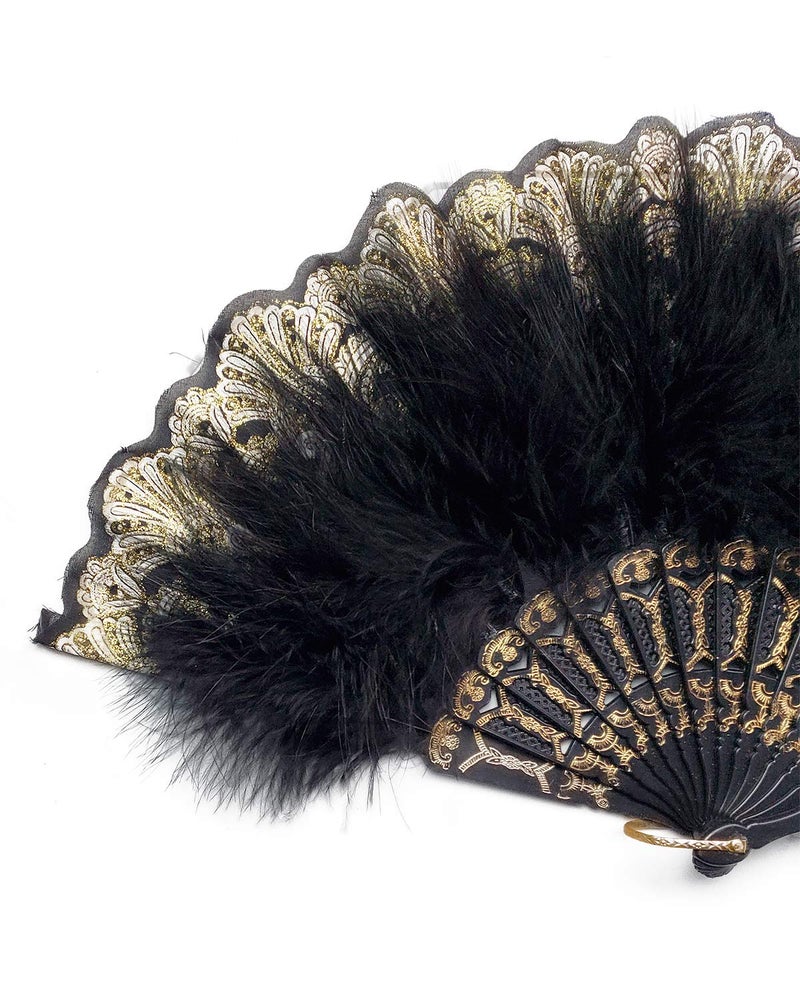 HAPPY FEATHER مروحة ريش مارابو مطرزة بالريش السعيد 1920S، مروحة يدوية بتصميم عتيق لحفلات الرقص - أسود - Image 3