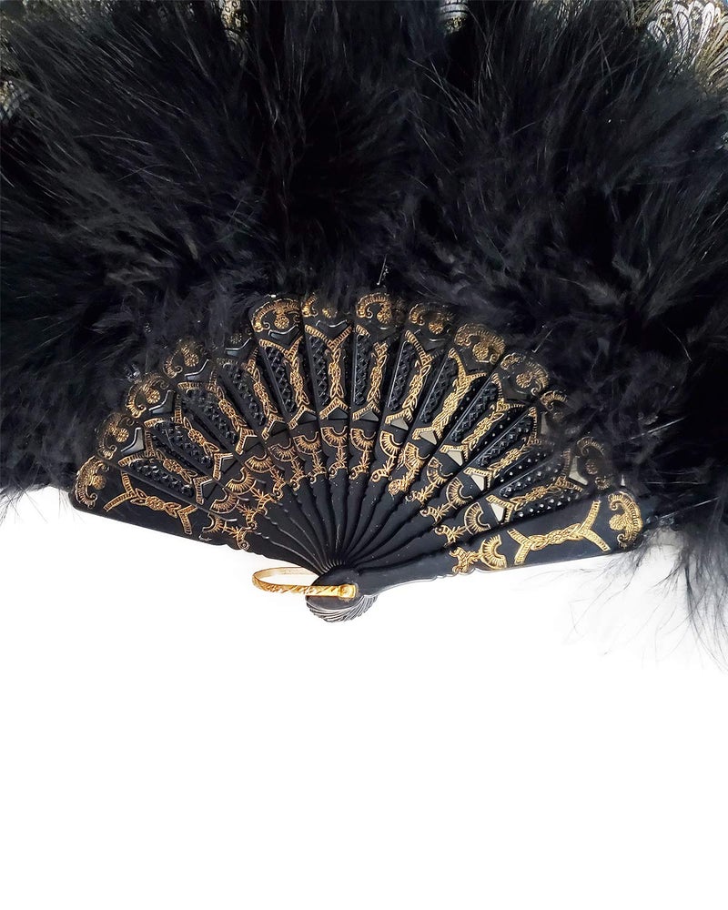 HAPPY FEATHER مروحة ريش مارابو مطرزة بالريش السعيد 1920S، مروحة يدوية بتصميم عتيق لحفلات الرقص - أسود - Image 5