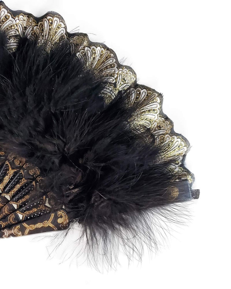 HAPPY FEATHER مروحة ريش مارابو مطرزة بالريش السعيد 1920S، مروحة يدوية بتصميم عتيق لحفلات الرقص - أسود - Image 4