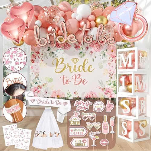 RainMeadow 189 pc Premium Bridal Shower Party Decorations Balloons Bride to Be Sash Veil Headband Backdrop Props Pink Bachelorette Party Decorations for Engagement Rose Gold Bridal Shower Decorations - Image 1