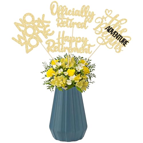 Ephlyn 16Pcs Happy Retirement Centerpiece Sticks Officially Retired Table Flower Centerpieces Sticks No Work Zone Floral Decorations for Farewell Birthday Party Centerpieces Supplies Gold - Image 1