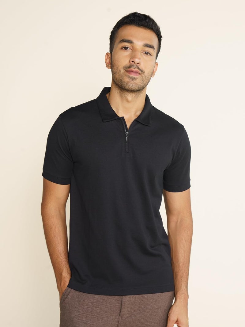 DAMENSCH Men's Constant All Degree Regular Fit Zip-up Polo-Pack of 1-Jet Black-Large - Image 4