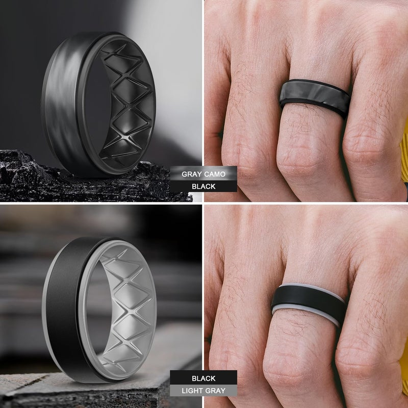 Egnaro Silicone Rings for Men 1/4/5/6/7 Multipack of Breathable Mens Silicone Rubber Wedding Rings Bands - Step Edge - Image 4