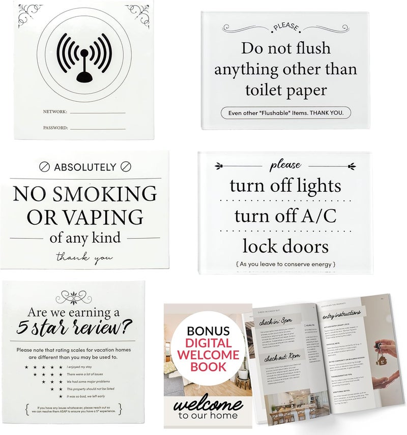 ORCA 5 Essential Signs For Short Term Rental Hosts | Wifi Password Sign For Home Guests, No Smoking, Do Not Flush For Bathroom Toilet, Turn Off Lights & AC, Vacation Rental Review Request Fridge Magnet - Image 1