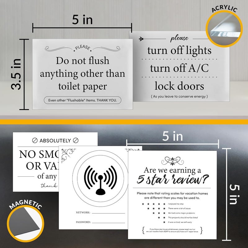 ORCA 5 Essential Signs For Short Term Rental Hosts | Wifi Password Sign For Home Guests, No Smoking, Do Not Flush For Bathroom Toilet, Turn Off Lights & AC, Vacation Rental Review Request Fridge Magnet - Image 5