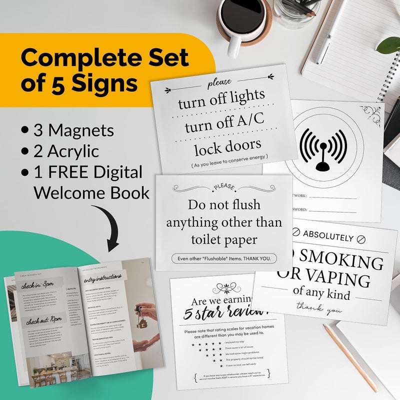 ORCA 5 Essential Signs For Short Term Rental Hosts | Wifi Password Sign For Home Guests, No Smoking, Do Not Flush For Bathroom Toilet, Turn Off Lights & AC, Vacation Rental Review Request Fridge Magnet - Image 2