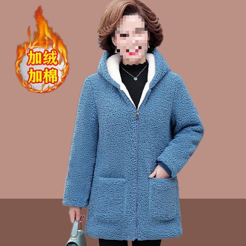 New Middle-aged and Elderly Lamb Fleece Coat Womens Clothing Autumn and Winter Mothers Long Particulate Fleece-lined Thickened Cotton-padded Coat Blue [plus cotton plus velvet]] 