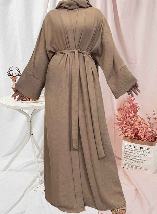 Loquat Women's Casual Long Dress Two-Piece Set Women's Solid Color Long Sleeves Abaya Suit Brown 
