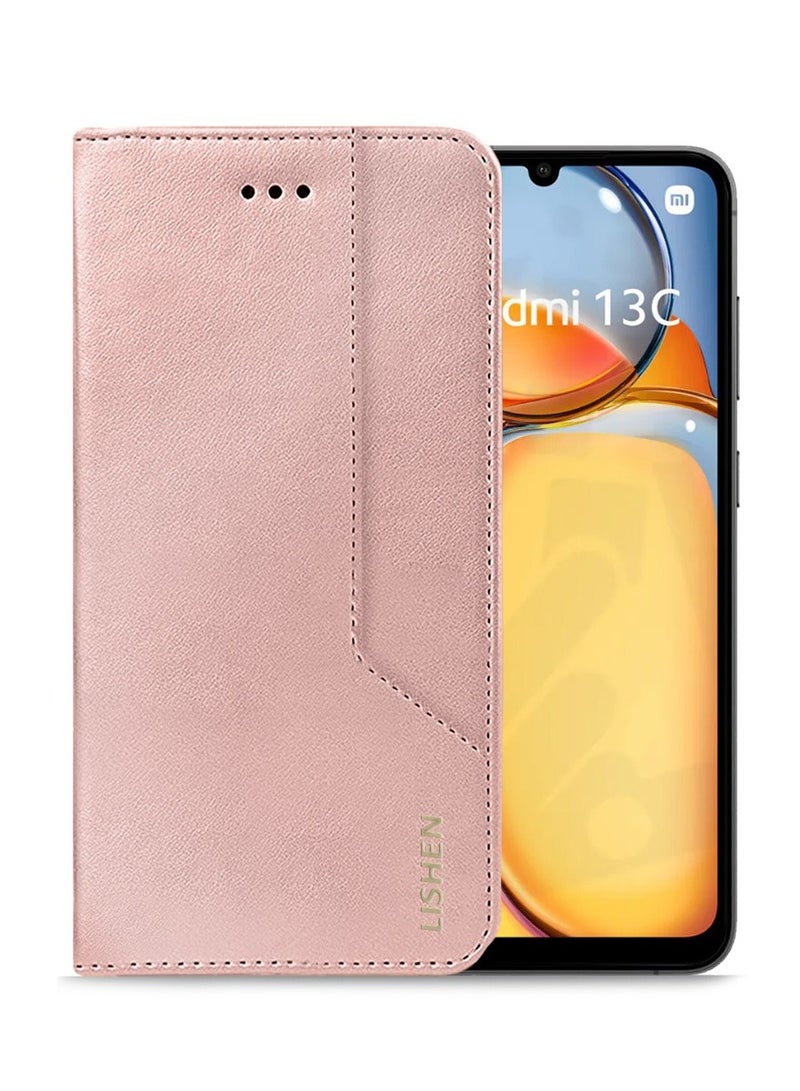 Lishen Stylish Premium Leather Magnetic Closure Flip Stand Case Cover for Xiaomi Redmi 13C  – Rose Gold  - Image 1