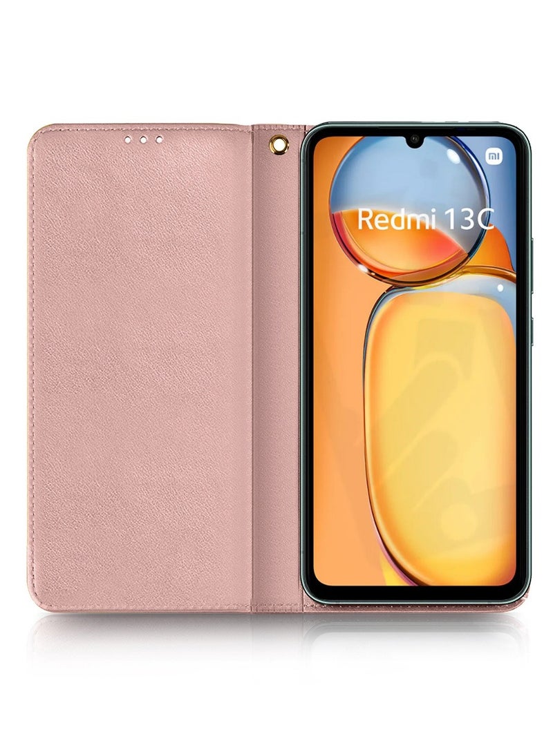 Lishen Stylish Premium Leather Magnetic Closure Flip Stand Case Cover for Xiaomi Redmi 13C  – Rose Gold  - Image 2