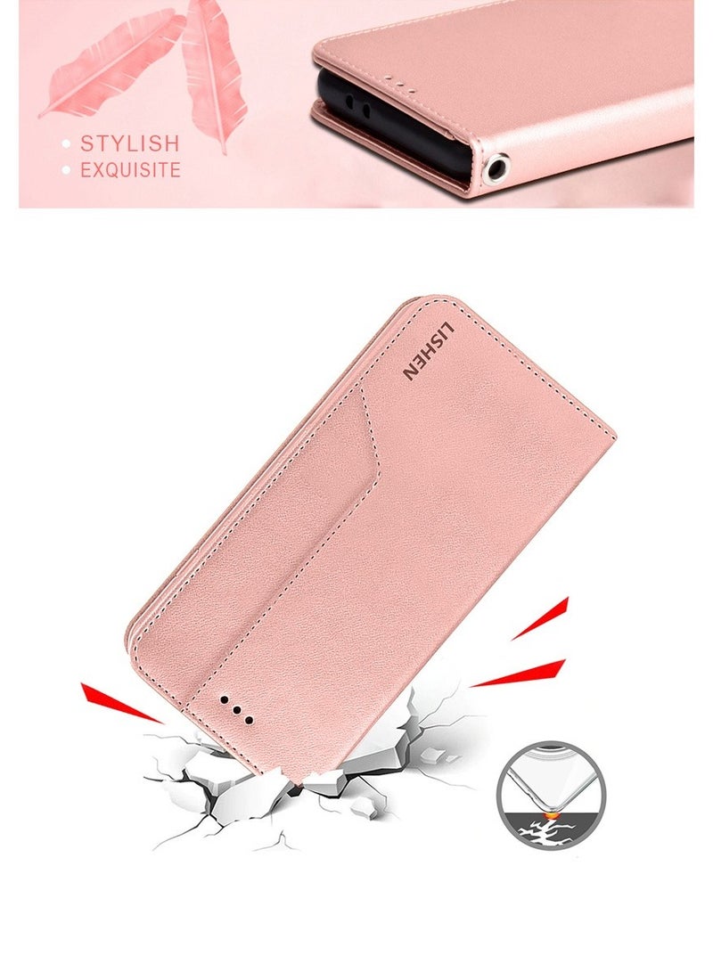 Lishen Stylish Premium Leather Magnetic Closure Flip Stand Case Cover for Xiaomi Redmi 13C  – Rose Gold  - Image 3