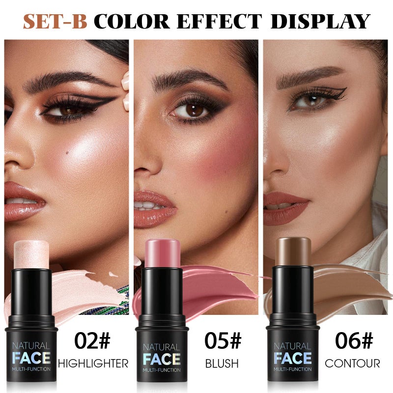 LSxia 3Pcs Cream Contour Kit - Cream Blush, Highlighter, Contour Bronzer for Cheeks, Waterproof Long Lasting Blendable, Contour Stick Trio for Face Makeup (#02, 05, 06) - Image 3