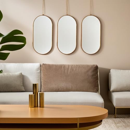 HOME ELEMENTS Plastic Wall Mirror Set with Hanging Chain (Pack of 3), Modern Decorative Golden Frame Mirror for Aesthetic Room Decor, Bathroom, Bedroom, Living Room (Oval) - Image 2
