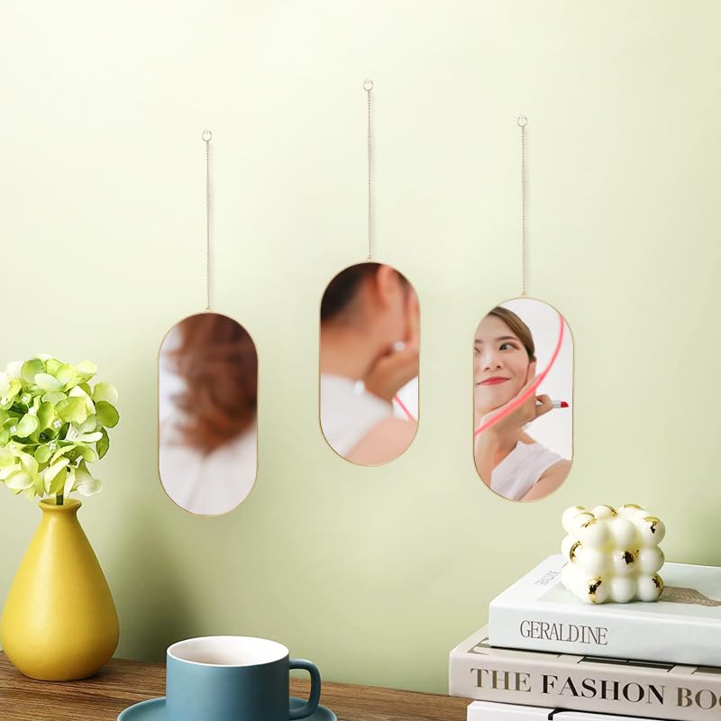 HOME ELEMENTS Plastic Wall Mirror Set with Hanging Chain (Pack of 3), Modern Decorative Golden Frame Mirror for Aesthetic Room Decor, Bathroom, Bedroom, Living Room (Oval) - Image 1